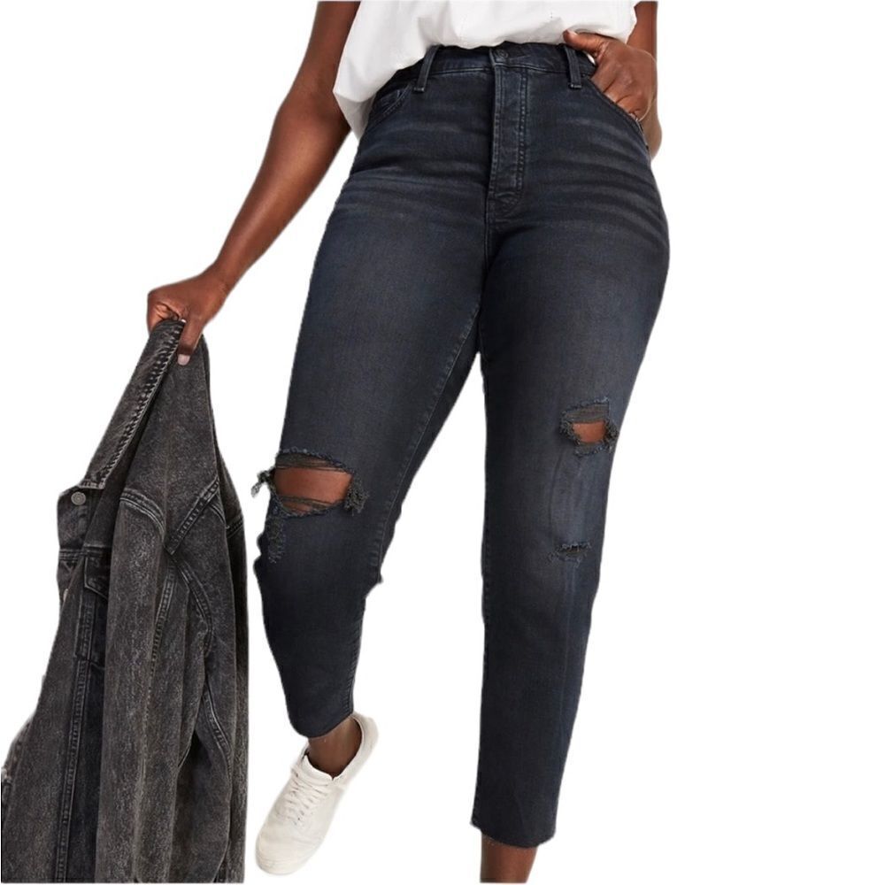 Old Navy high Rise OG slim straight black blue distressed cut off jeans size 6